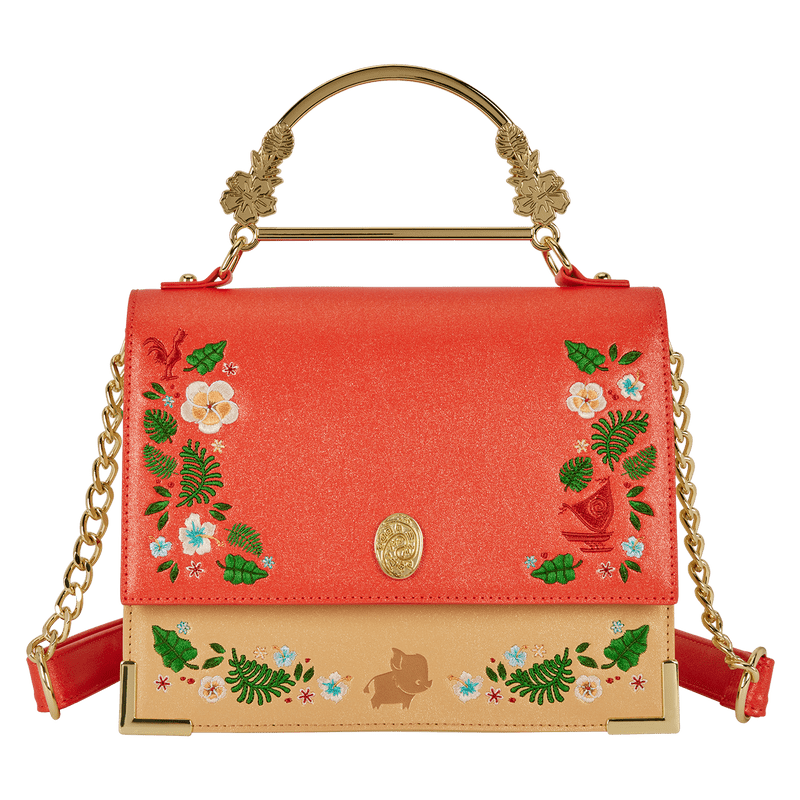 Front view of Loungefly Moana crossbody with Pua silhouette and embroidered leaves