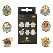 Loungefly Disney Moana Waves mystery blind box pin collection showing the box and possible character designs including Pua, Hei Hei, Maui, Tamatoa, Kakamora and glitter chase Moana