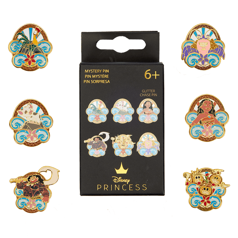 Loungefly Disney Moana Waves mystery blind box pin collection showing the box and possible character designs including Pua, Hei Hei, Maui, Tamatoa, Kakamora and glitter chase Moana
