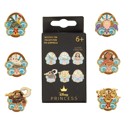 Loungefly Disney Moana Waves mystery blind box pin collection showing the box and possible character designs including Pua, Hei Hei, Maui, Tamatoa, Kakamora and glitter chase Moana