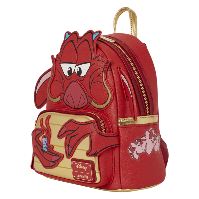 Loungefly Mulan Mushu Glitter Cosplay Mini Backpack angled view