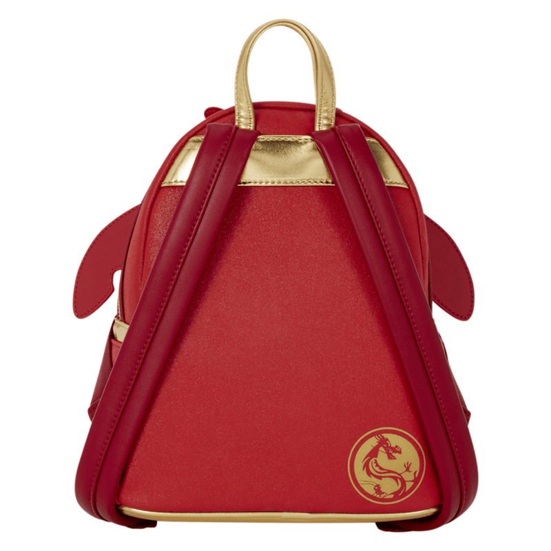 Back of Loungefly Disney Mulan Mushu Glitter Mini Backpack