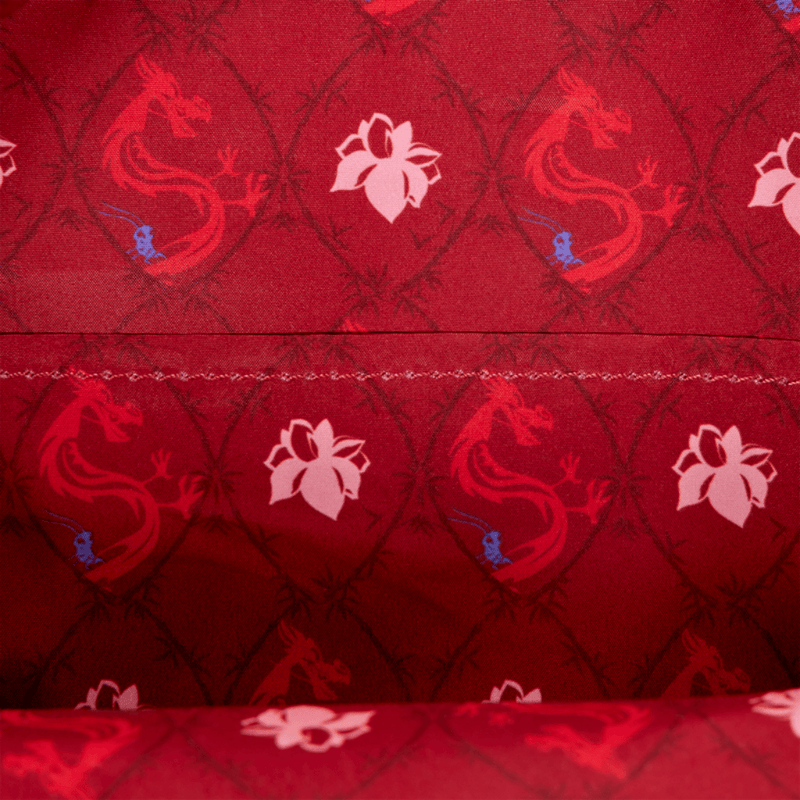 Mulan Mushu and Cri-Kee lining inside Loungefly mini backpack
