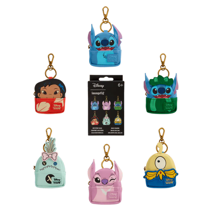 Full display of Loungefly Blind Box keyrings: Stitch, Angel, Hula Stitch, Scrump, Lilo, Duck and centre mystery box, arranged in a circle on white background.
