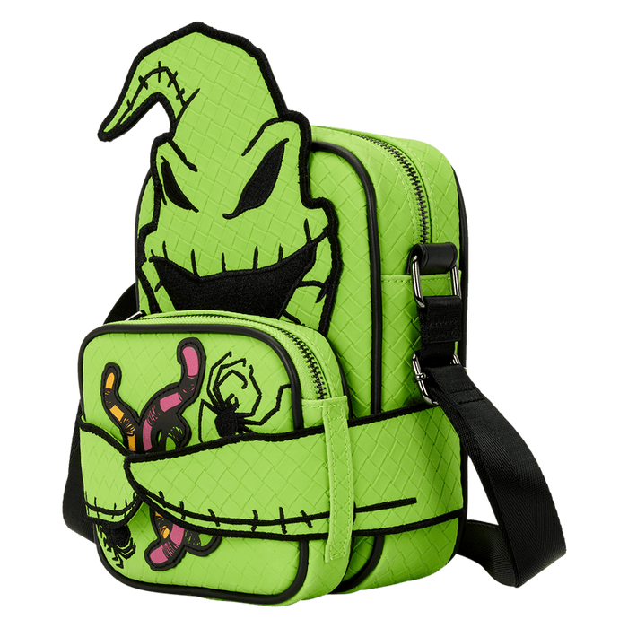 Loungefly Disney Oogie Boogie Crossbuddy bag with alternate removable pocket showing bug-filled design
