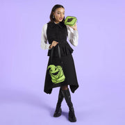 Model holding Loungefly Oogie Boogie Crossbuddy bag with green plush and removable pocket
