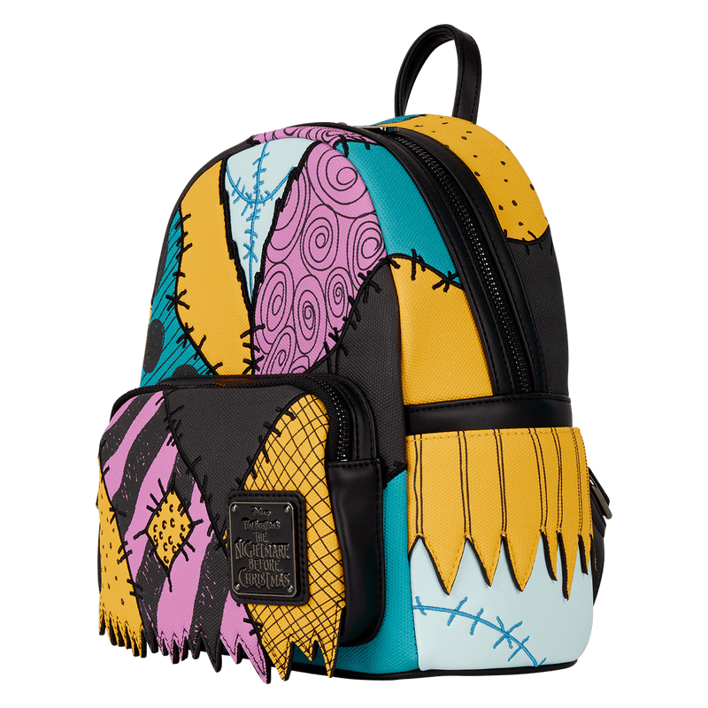 Side view of Loungefly Disney Sally mini backpack showing patchwork design wrapping around the panels

