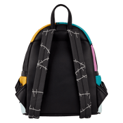 Back of Loungefly Disney Sally mini backpack with black straps featuring white stitch detailing
