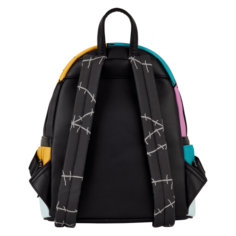 Back of Loungefly Disney Sally mini backpack with black straps featuring white stitch detailing
