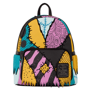 Front view of Loungefly Disney The Nightmare Before Christmas Sally mini backpack with vibrant patchwork design
