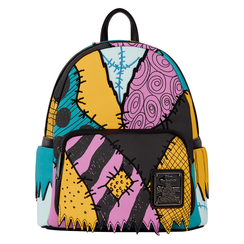 Front view of Loungefly Disney The Nightmare Before Christmas Sally mini backpack with vibrant patchwork design
