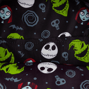Interior lining of Loungefly Sally mini backpack featuring Jack, Oogie Boogie and Sally print
