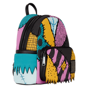 Angled front view of Loungefly Disney The Nightmare Before Christmas Sally mini backpack with patchwork print
