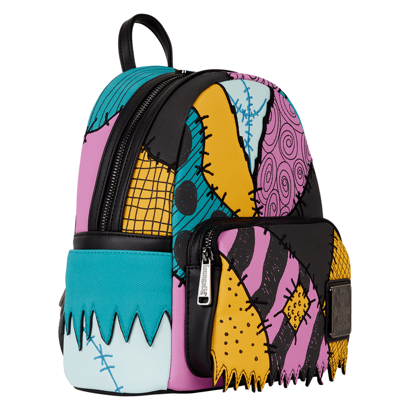 Angled front view of Loungefly Disney The Nightmare Before Christmas Sally mini backpack with patchwork print
