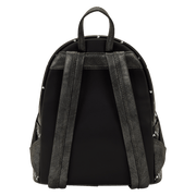 Back of black Loungefly Nightmare Before Christmas mini backpack with charcoal straps.