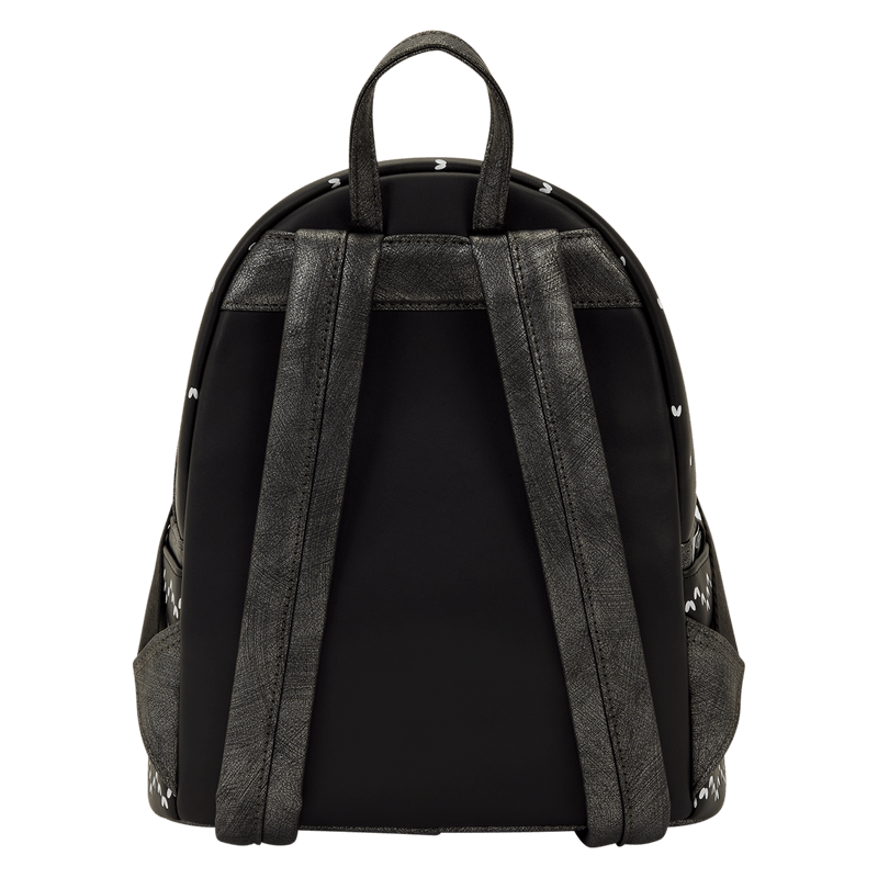 Back of black Loungefly Nightmare Before Christmas mini backpack with charcoal straps.