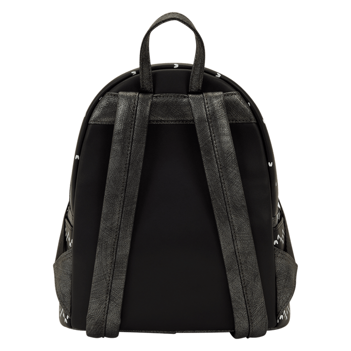 Back of black Loungefly Nightmare Before Christmas mini backpack with charcoal straps.