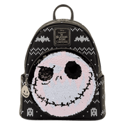 Front view of Loungefly Nightmare Before Christmas mini backpack with reversible sequin Jack Skellington face.