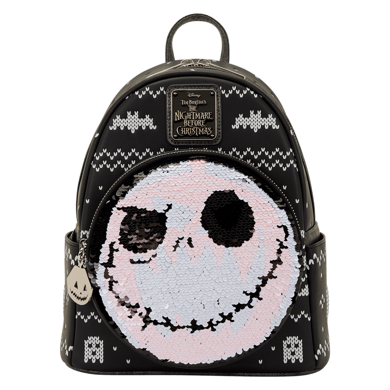 Front view of Loungefly Nightmare Before Christmas mini backpack with reversible sequin Jack Skellington face.