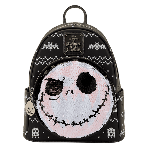 Front view of Loungefly Nightmare Before Christmas mini backpack with reversible sequin Jack Skellington face.