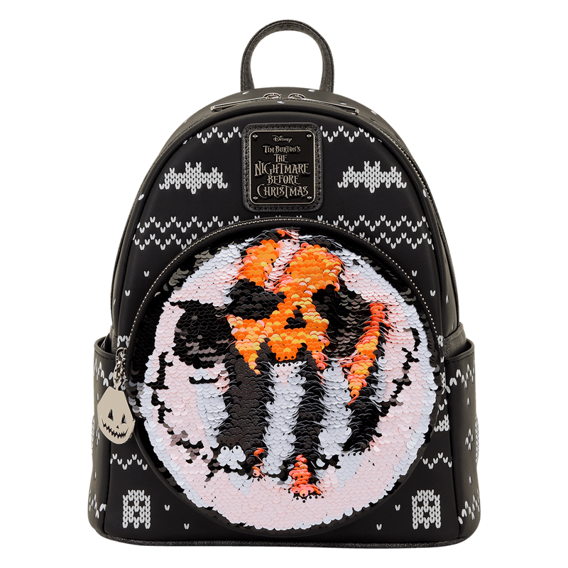Sequins mid-swipe showing Jack changing to a fiery pumpkin on the Loungefly NBX mini backpack.