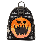 Front view with orange Pumpkin King sequin face on black knit-print Loungefly NBX mini backpack.