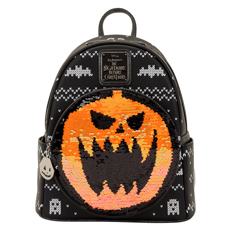Front view with orange Pumpkin King sequin face on black knit-print Loungefly NBX mini backpack.