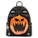 Front view with orange Pumpkin King sequin face on black knit-print Loungefly NBX mini backpack.