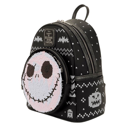 Angle view showing sequin face pocket, knit sweater print and Jack metal charm.