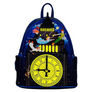 Loungefly Disney Peter Pan Big Ben mini backpack showing the glow in the dark clock face and windows