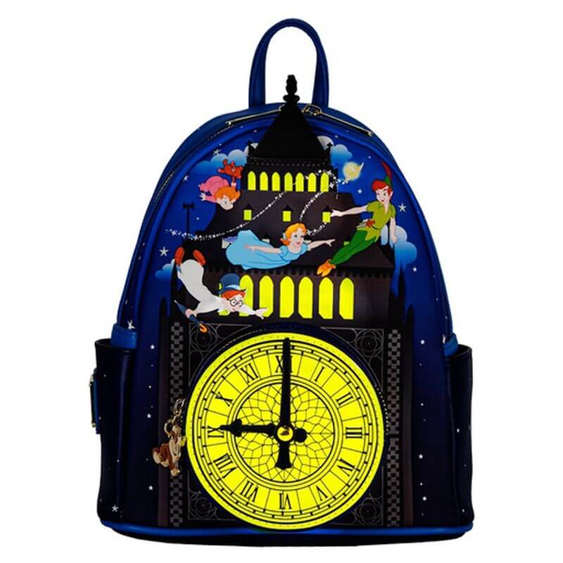 Loungefly Disney Peter Pan Big Ben mini backpack showing the glow in the dark clock face and windows