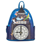 Front view of the Loungefly Disney Peter Pan Big Ben Glow in the Dark Mini Backpack with Peter Pan and the Darling children flying over the clock