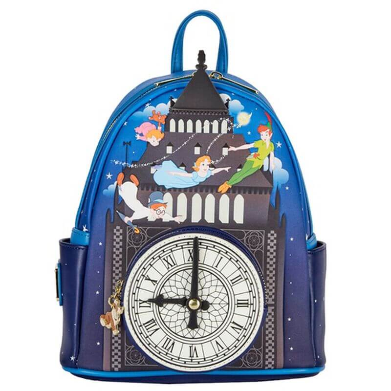 Front view of the Loungefly Disney Peter Pan Big Ben Glow in the Dark Mini Backpack with Peter Pan and the Darling children flying over the clock