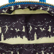 Interior lining of the Loungefly Disney Peter Pan Big Ben mini backpack with Peter Pan silhouettes and London skyline print
