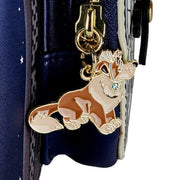 Close up of the Loungefly Disney Peter Pan mini backpack showing the gold-tone Nana enamel zipper charm
