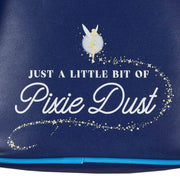 Close up of the Loungefly Disney Peter Pan mini backpack back panel with Just a Little Bit of Pixie Dust text and Tinker Bell artwork