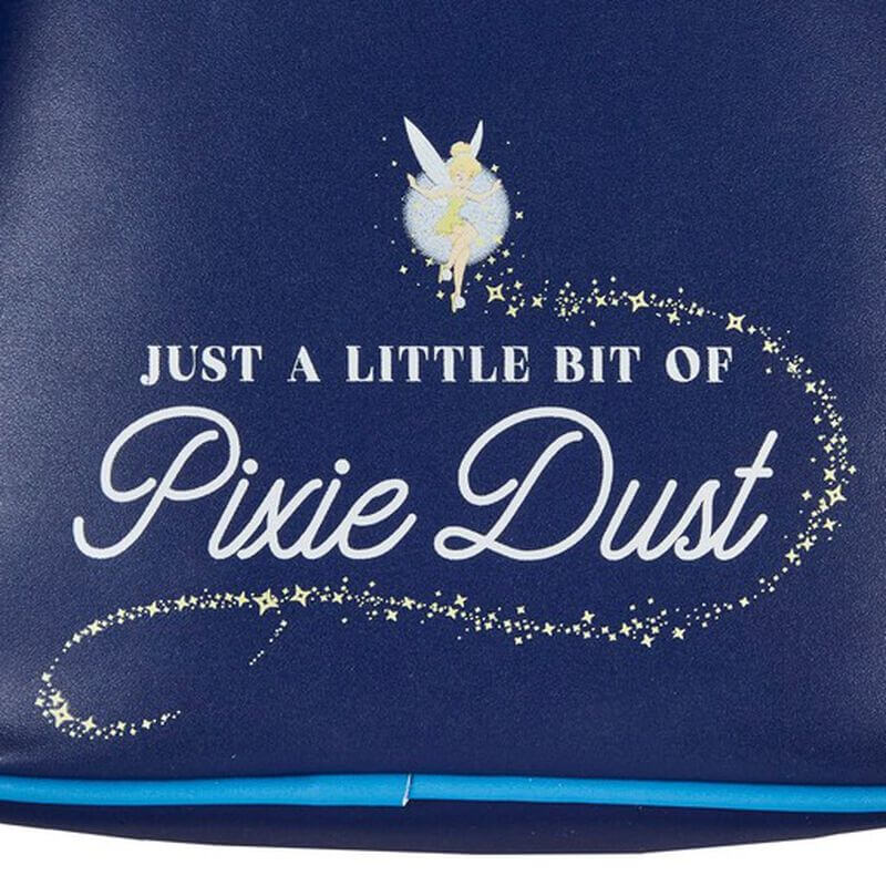 Close up of the Loungefly Disney Peter Pan mini backpack back panel with Just a Little Bit of Pixie Dust text and Tinker Bell artwork