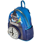 Side view of the Loungefly Disney Peter Pan Big Ben mini backpack with blue vegan leather body, gold zips and flying character artwork
