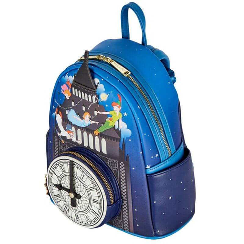 Side view of the Loungefly Disney Peter Pan Big Ben mini backpack with blue vegan leather body, gold zips and flying character artwork