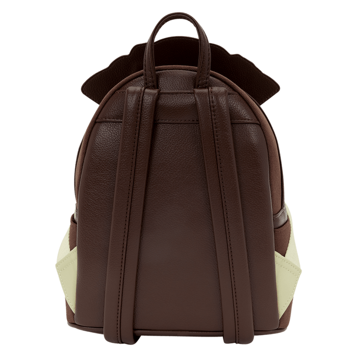 Back of Loungefly Disney Pirates of the Caribbean Jack Sparrow mini backpack with brown adjustable straps