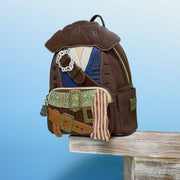 Loungefly Disney Pirates of the Caribbean Jack Sparrow cosplay mini backpack displayed on a blue background