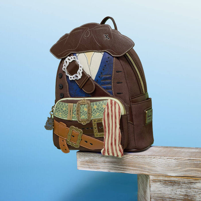 Loungefly Disney Pirates of the Caribbean Jack Sparrow cosplay mini backpack displayed on a blue background