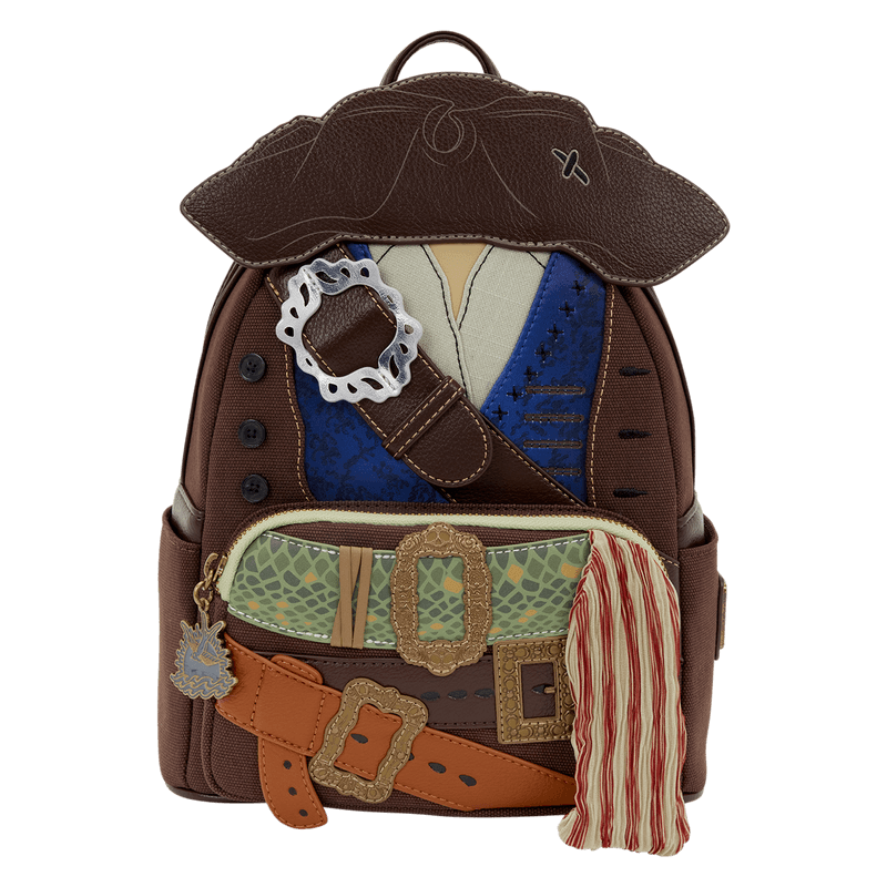 Front of Loungefly Disney Pirates of the Caribbean Jack Sparrow cosplay mini backpack with pirate costume details