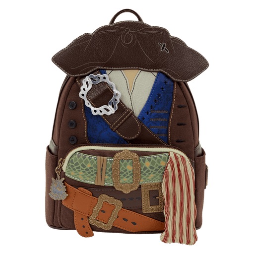 Front of Loungefly Disney Pirates of the Caribbean Jack Sparrow cosplay mini backpack with pirate costume details