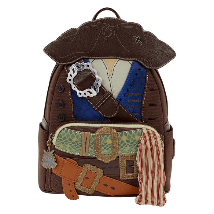 Front of Loungefly Disney Pirates of the Caribbean Jack Sparrow cosplay mini backpack with pirate costume details