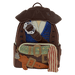 Front of Loungefly Disney Pirates of the Caribbean Jack Sparrow cosplay mini backpack with pirate costume details
