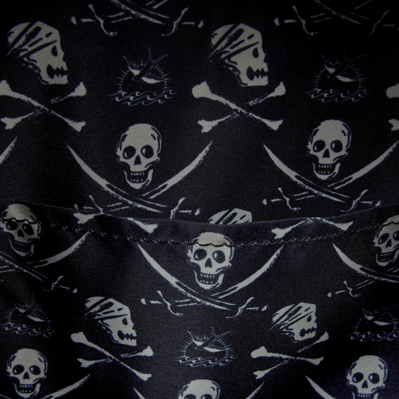 Interior lining of Loungefly Disney Pirates of the Caribbean Jack Sparrow mini backpack with skull and crossbones print