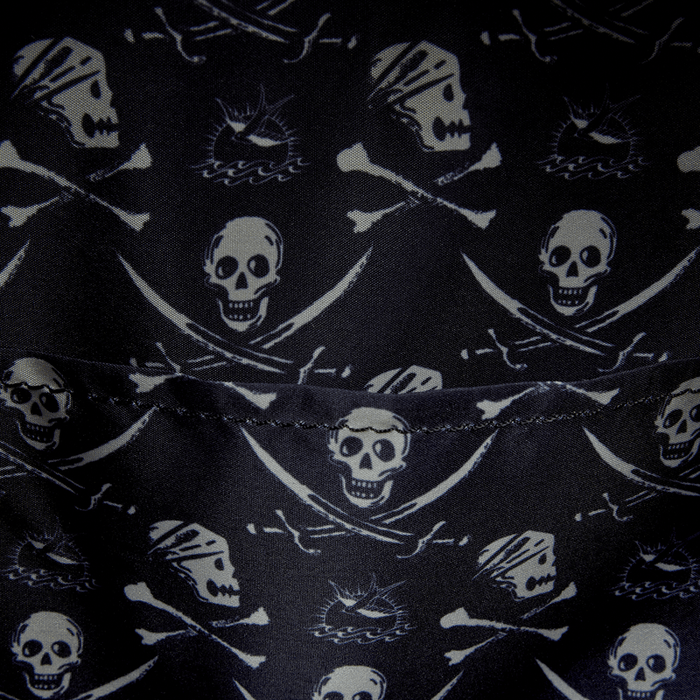 Interior lining of Loungefly Disney Pirates of the Caribbean Jack Sparrow mini backpack with skull and crossbones print