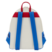 Back view of Loungefly Disney Pixar Toy Story backpack with blue shoulder straps and red handle