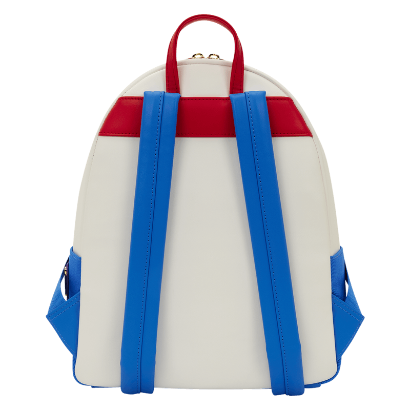 Back view of Loungefly Disney Pixar Toy Story backpack with blue shoulder straps and red handle